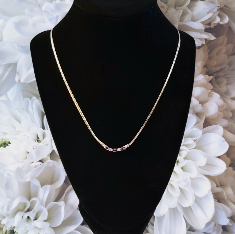 Sterling Silver Necklace w/Purple & White Cubic Zirconia Stones